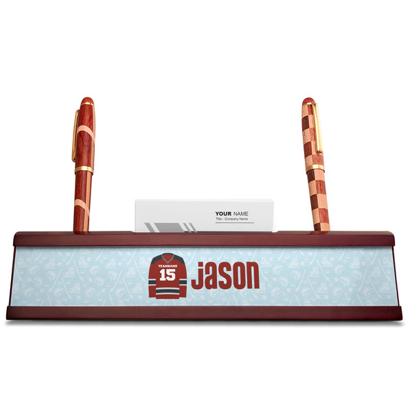Hockey Red Mahogany Nameplates with Business Card Holder - Straight