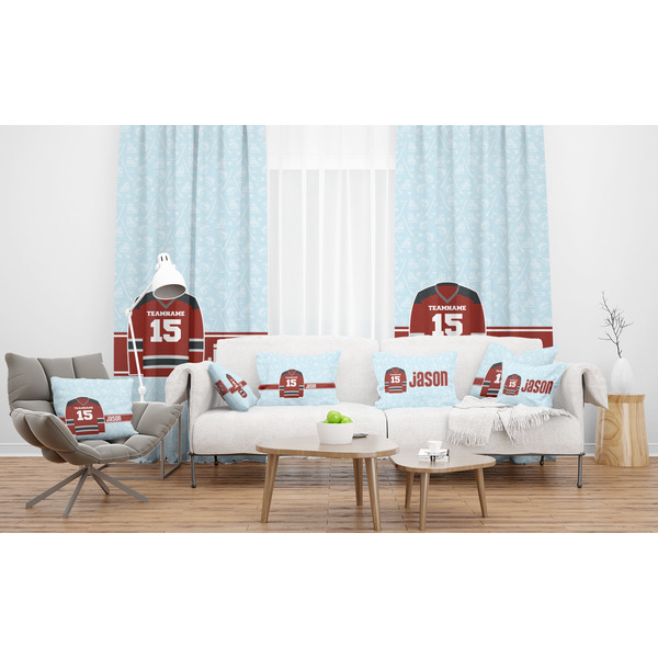 Hockey Sheer and Custom Curtains in Room with Matching Pillows