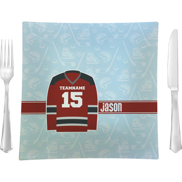 Custom Hockey 9.5" Glass Square Lunch / Dinner Plate- Single or Set of 4 (Personalized)