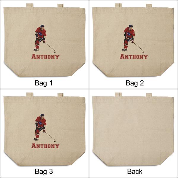 Hockey 2 3 Reusable Cotton Grocery Bags - Front & Back View