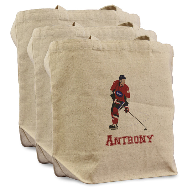 Custom Hockey 2 Reusable Cotton Grocery Bags - Set of 3 (Personalized)