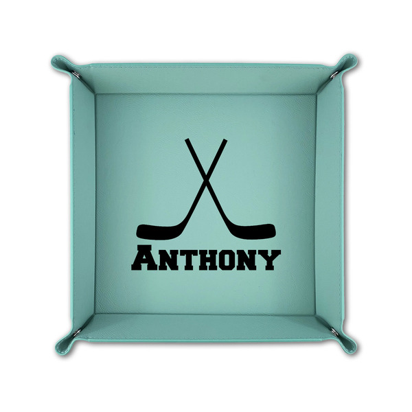 Hockey 2 6" x 6" Teal Leatherette Snap Up Tray - FOLDED UP