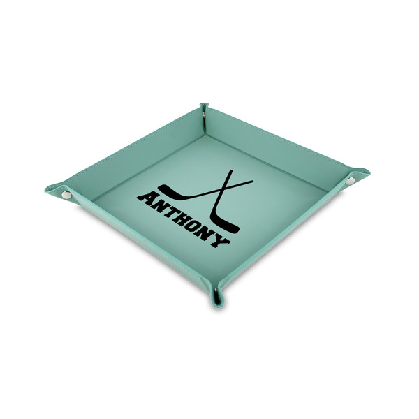 Custom Hockey 2 Faux Leather Dice Tray - 6" x 6" - Teal (Personalized)