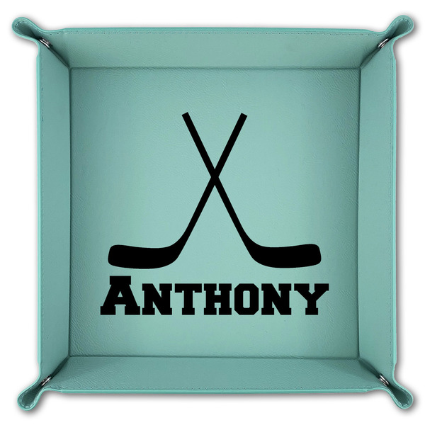Hockey 2 9" x 9" Teal Leatherette Snap Up Tray - FOLDED