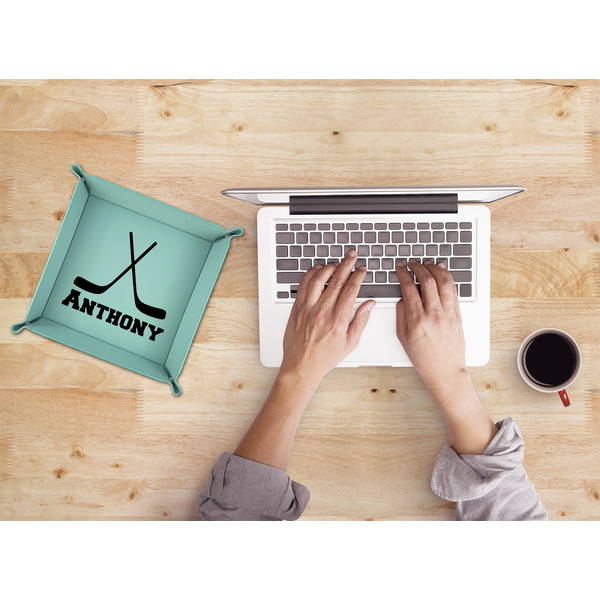 Hockey 2 9" x 9" Teal Leatherette Snap Up Tray - LIFESTYLE