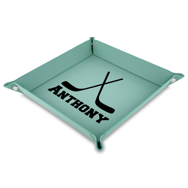 Custom Hockey 2 9" x 9" Teal Faux Leather Valet Tray (Personalized)