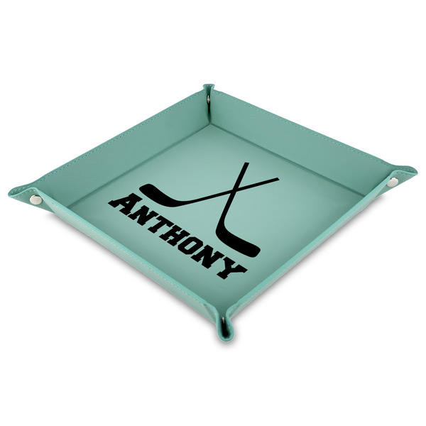 Custom Hockey 2 Faux Leather Dice Tray - 9" x 9"  - Teal (Personalized)