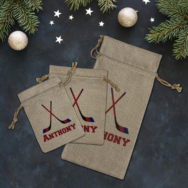 Hockey 2 Burlap Gift Bags - LIFESTYLE (Flat lay)