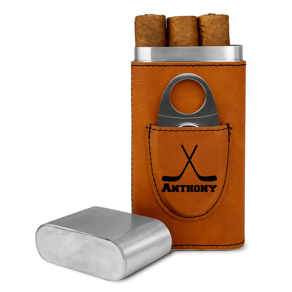 Custom Hockey 2 Cigar Case with Cutter - Rawhide (Personalized)