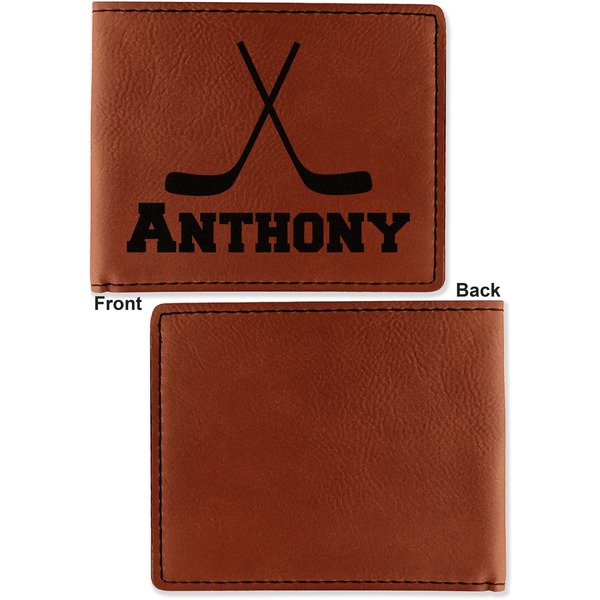 Hockey 2 Cognac Leatherette Bifold Wallets - Front and Back Single Sided - Apvl