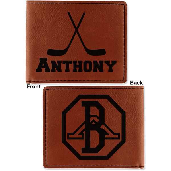 Hockey 2 Cognac Leatherette Bifold Wallets - Front and Back