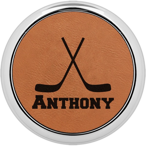 Custom Hockey 2 Leatherette Round Coaster w/ Silver Edge (Personalized)