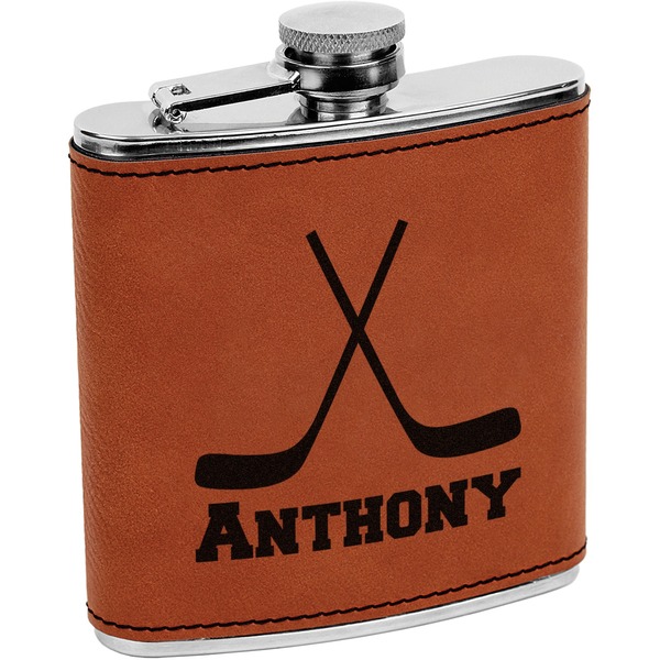 Custom Hockey 2 Leatherette Wrapped Stainless Steel Flask (Personalized)