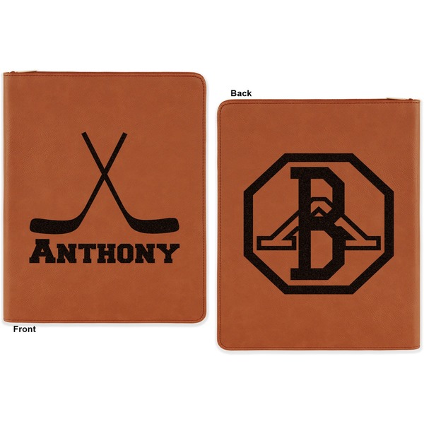 Hockey 2 Cognac Leatherette Zipper Portfolios with Notepad - Double Sided - Apvl