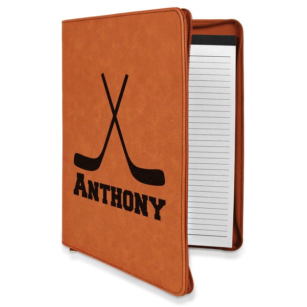 Custom Hockey 2 Leatherette Zipper Portfolio with Notepad - Single Sided (Personalized)