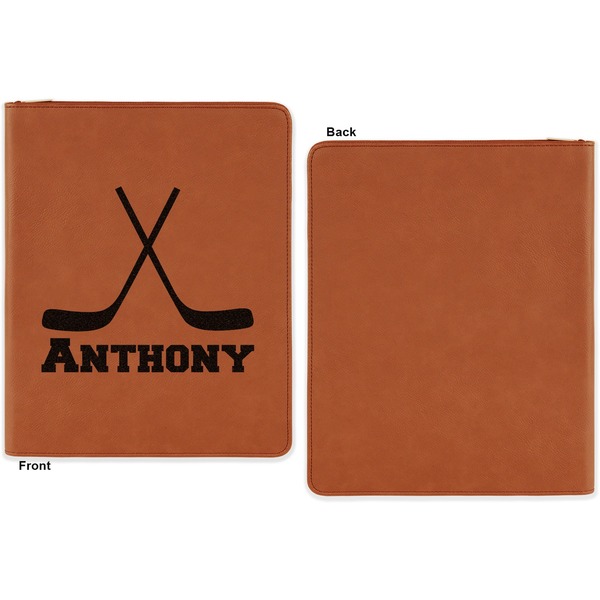 Hockey 2 Cognac Leatherette Zipper Portfolios with Notepad - Single Sided - Apvl