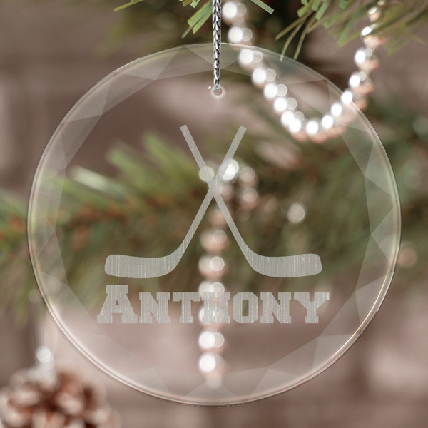 Custom Hockey 2 Engraved Glass Ornament (Personalized)