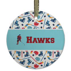 Hockey 2 Flat Glass Ornament - Round w/ Name or Text