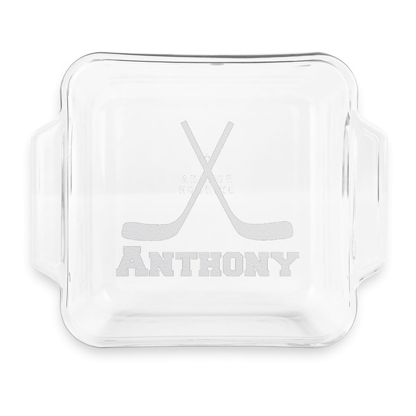 Custom Hockey 2 Glass Cake Dish with Truefit Lid - 8in x 8in (Personalized)