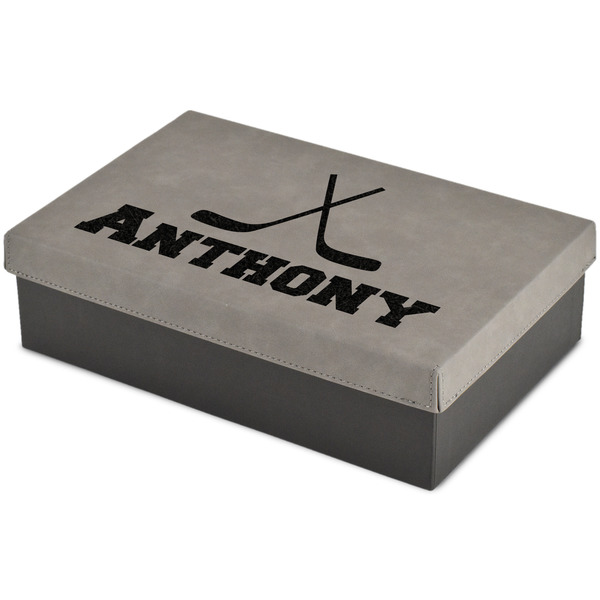 Custom Hockey 2 Large Gift Box w/ Engraved Leather Lid (Personalized)