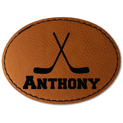 Hockey 2 Faux Leather Iron On Patch - Oval (Personalized)