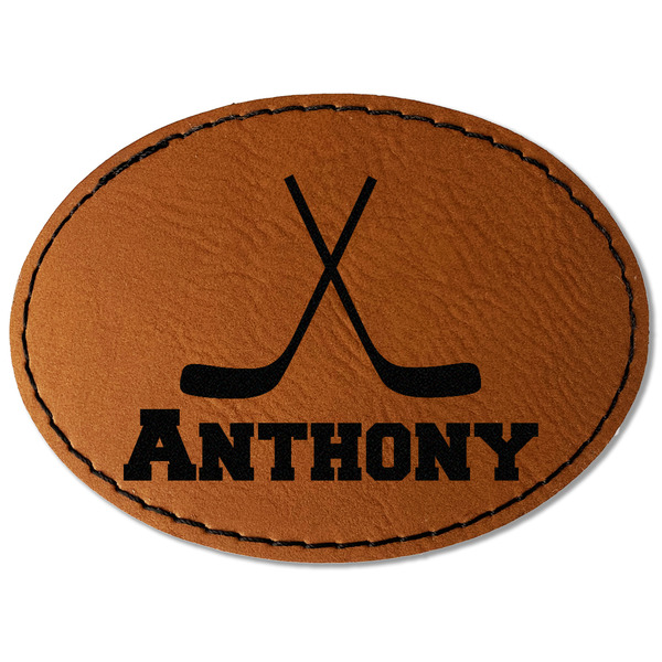 Custom Hockey 2 Faux Leather Iron On Patch - Oval (Personalized)