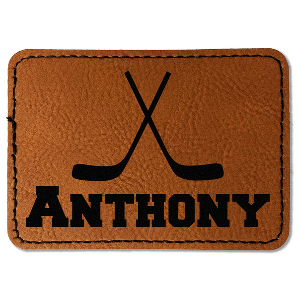 Custom Hockey 2 Faux Leather Iron On Patch - Rectangle (Personalized)