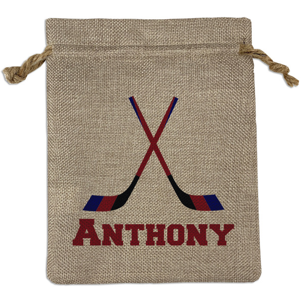 Custom Hockey 2 Medium Burlap Gift Bag - Front (Personalized)