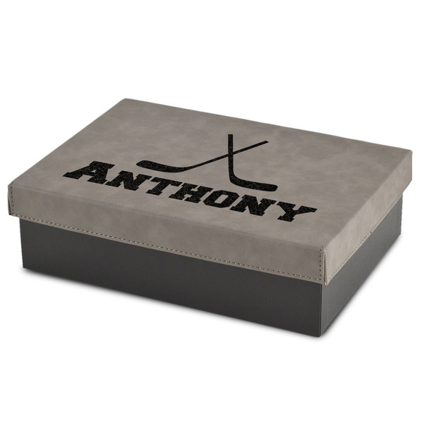 Custom Hockey 2 Medium Gift Box w/ Engraved Leather Lid (Personalized)
