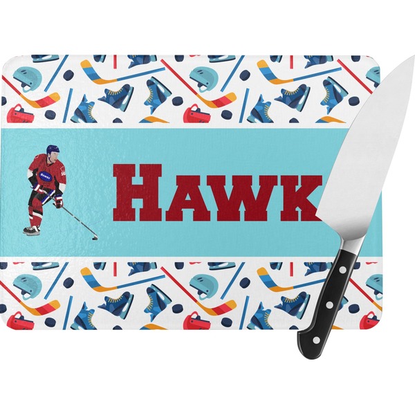 Custom Hockey 2 Rectangular Glass Cutting Board - Large - 15.25"x11.25" w/ Name or Text