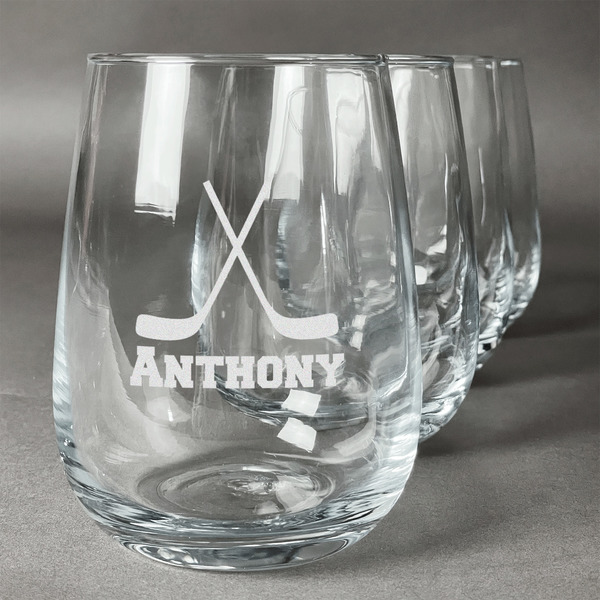 Custom Hockey 2 Stemless Wine Glasses (Set of 4) (Personalized)