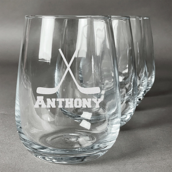Custom Hockey 2 Stemless Wine Glasses (Set of 4) (Personalized)