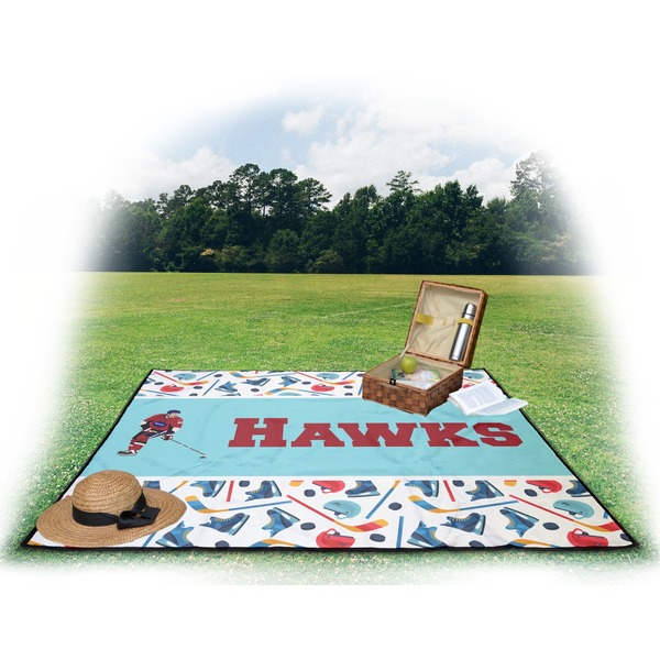 Hockey 2 Picnic Blanket - with Basket Hat and Book - in Use