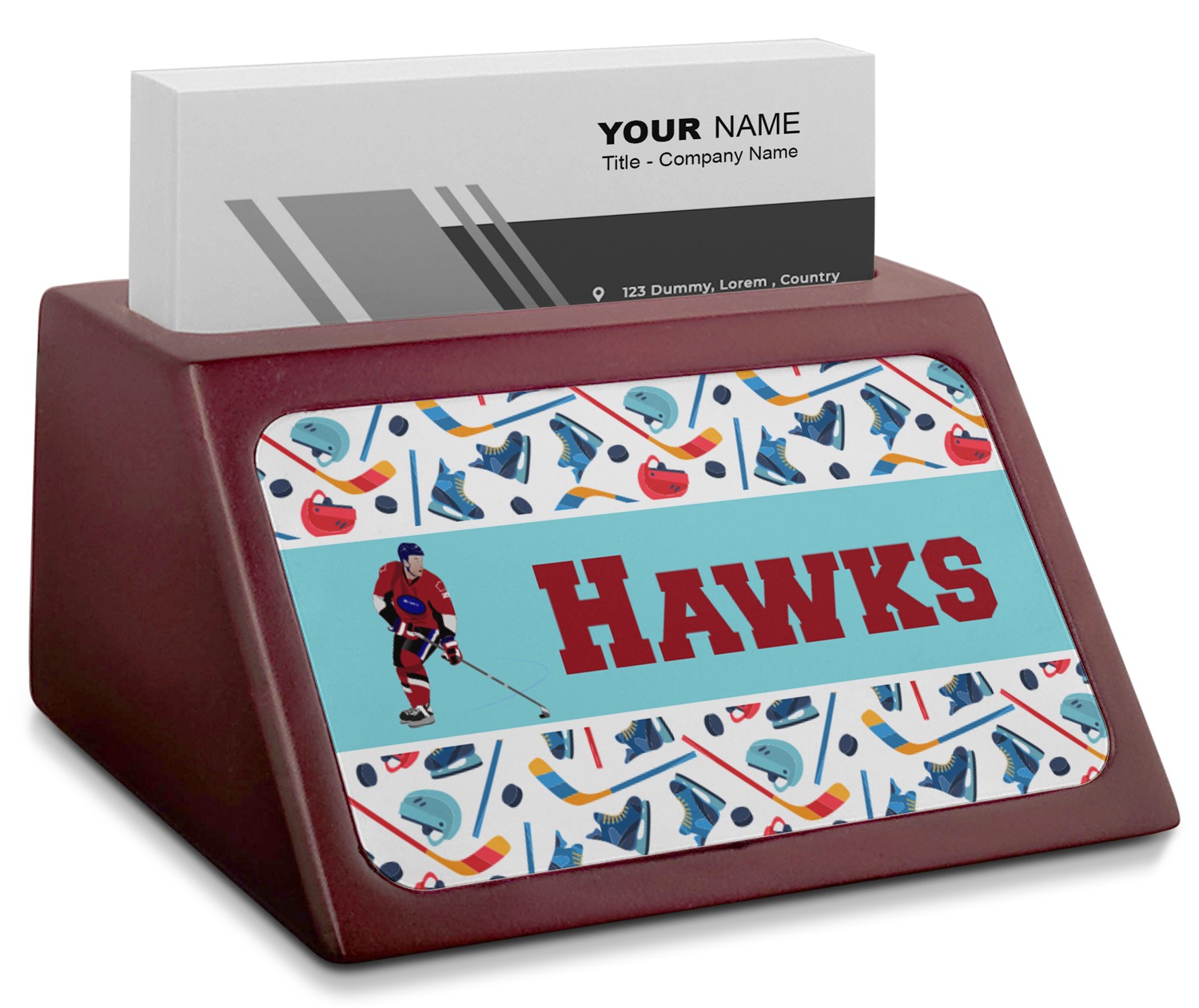 Custom Hockey 2 Red Mahogany Business Card Holder (Personalized) YouCustomizeIt