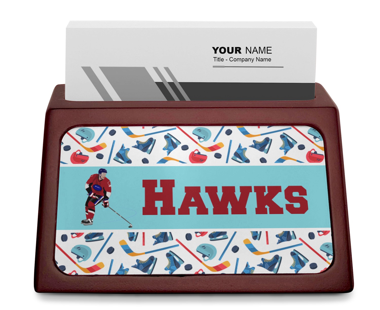 Custom Hockey 2 Red Mahogany Business Card Holder (Personalized) YouCustomizeIt