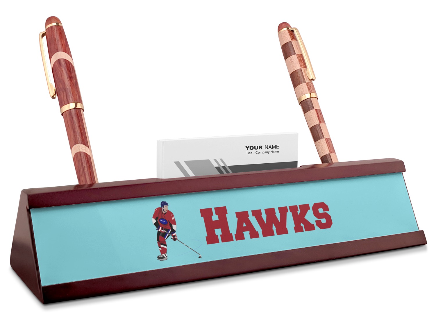 Hockey 2 Red Mahogany Nameplate with Business Card Holder (Personalized