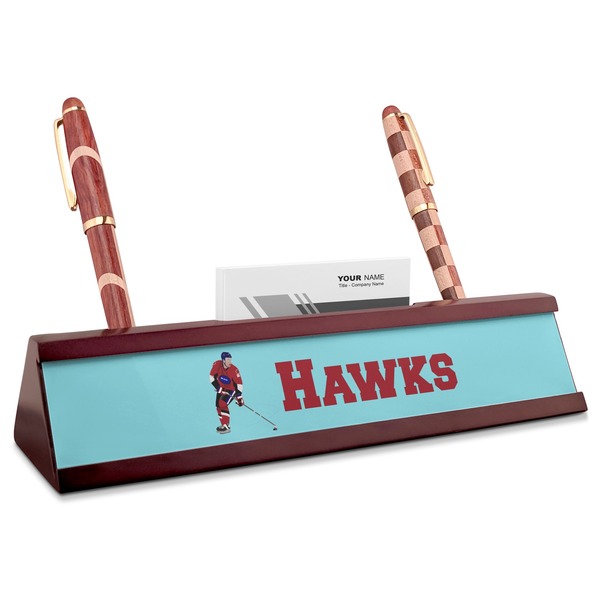 Custom Hockey 2 Red Mahogany Nameplate with Business Card Holder (Personalized)