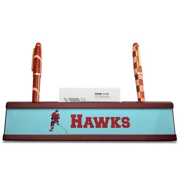 Hockey 2 Red Mahogany Nameplates with Business Card Holder - Straight