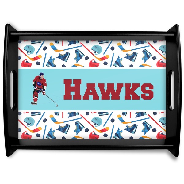 Custom Hockey 2 Black Wooden Tray - Large (Personalized)