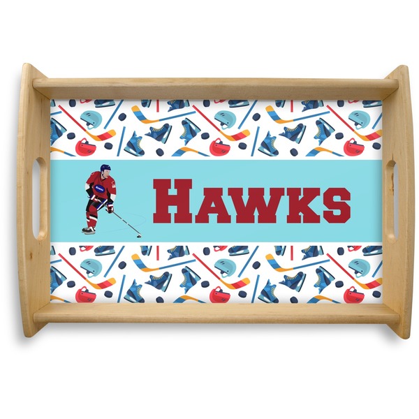 Custom Hockey 2 Natural Wooden Tray - Small (Personalized)