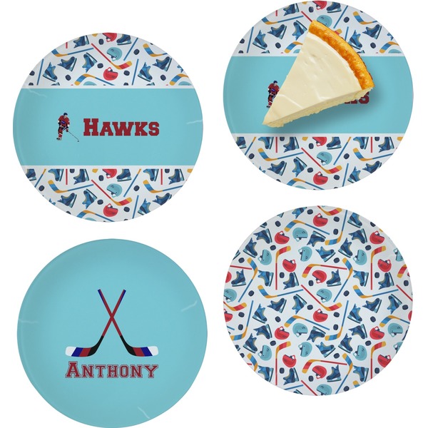 Custom Hockey 2 Set of 4 Glass Appetizer / Dessert Plate 8" (Personalized)