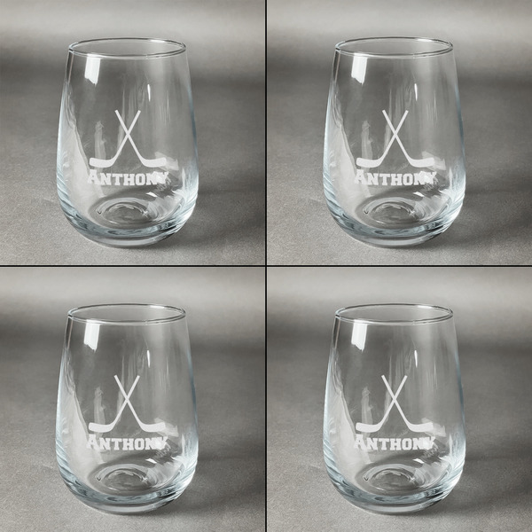 Hockey 2 Set of Four Personalized Stemless Wineglasses (Approval)