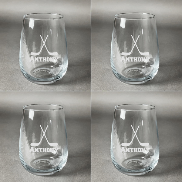 Hockey 2 Set of Four Personalized Stemless Wineglasses (Approval)