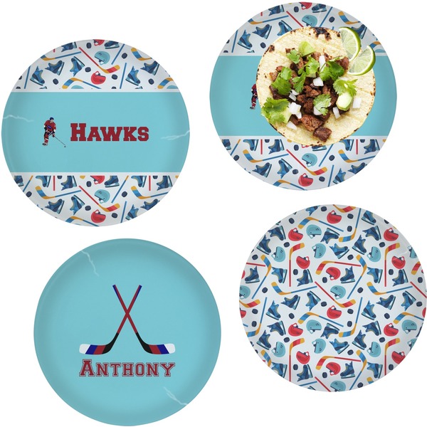 Custom Hockey 2 Set of 4 Glass Lunch / Dinner Plate 10" (Personalized)