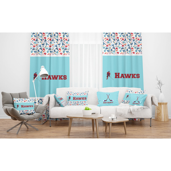 Hockey 2 Sheer and Custom Curtains in Room with Matching Pillows