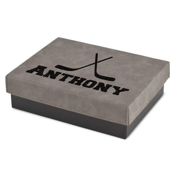 Custom Hockey 2 Small Gift Box w/ Engraved Leather Lid (Personalized)