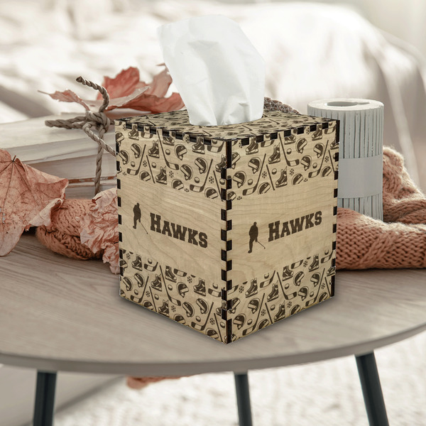 Hockey 2 Square Tissue Box Covers - Wood - In Context