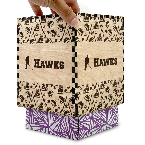 Hockey 2 Square Tissue Box Covers - Wood - with box