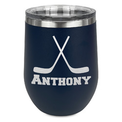 Hockey 2 Stemless Stainless Steel Wine Tumbler - Navy - Double Sided (Personalized)