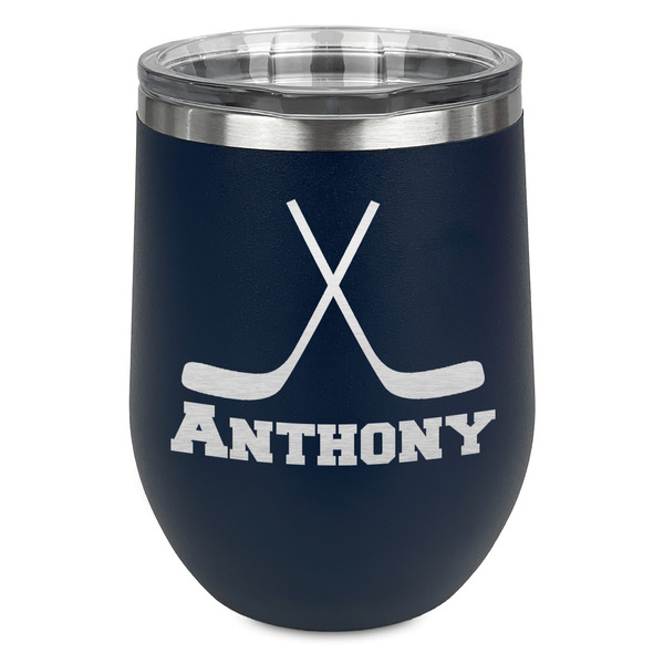 Hockey 2 Stainless Wine Tumblers - Navy - Single Sided - Front